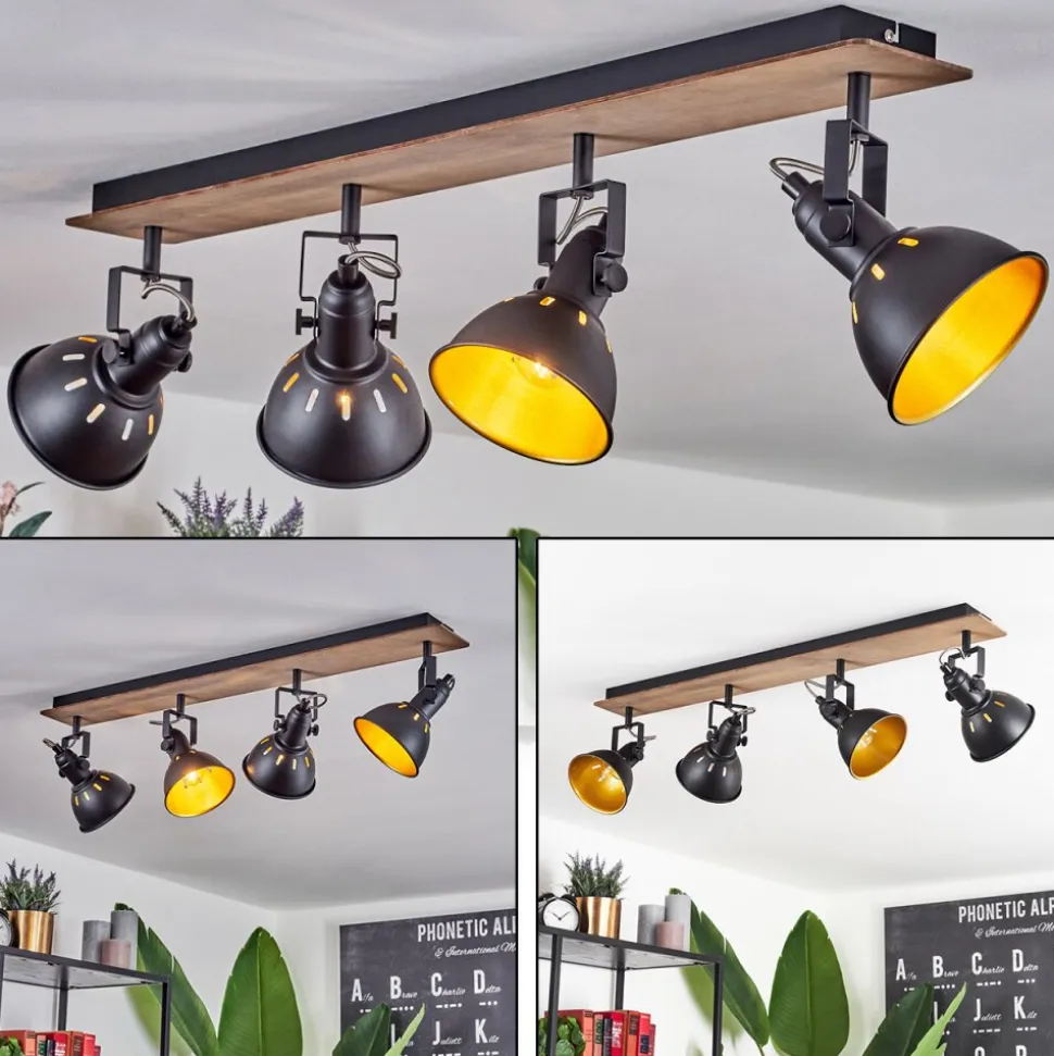 Plafonniertina Chrome, Bois Fonce, Noir, 4 Lumieres