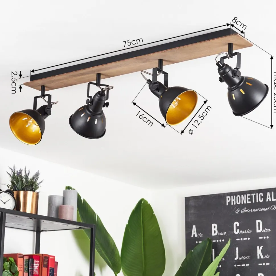 Plafonniertina Chrome, Bois Fonce, Noir, 4 Lumieres