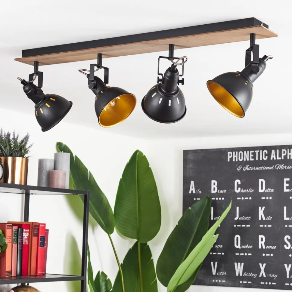 Plafonniertina Chrome, Bois Fonce, Noir, 4 Lumieres