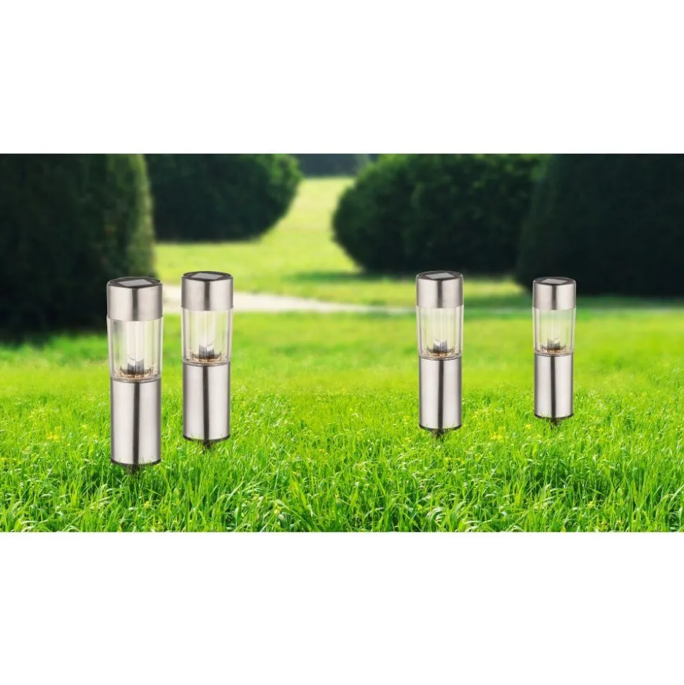 Set De Bornes Lumineuses Solaires Globo Led Acier Inoxydable, 4 Lumieres