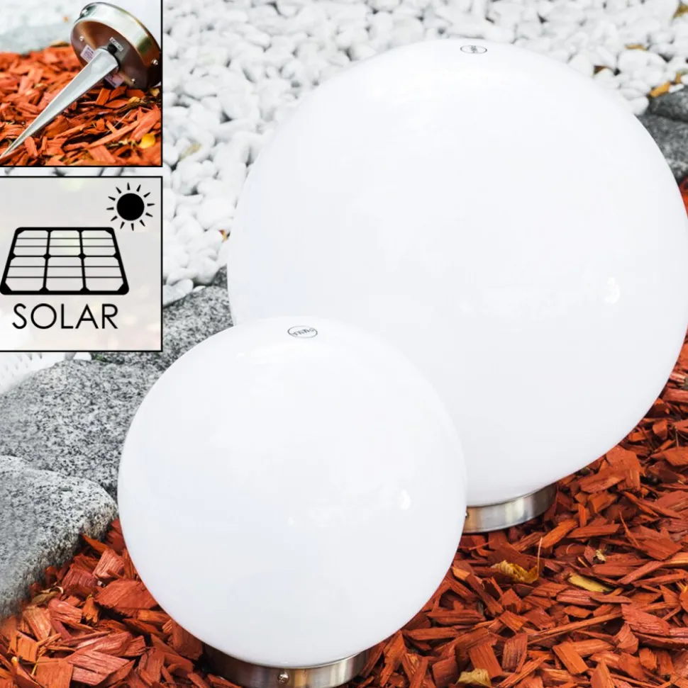 Set De Boules Lumineuses Solaires Led Acier Inoxydable, 2 Lumieres