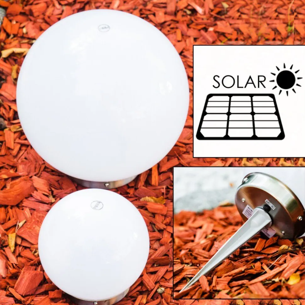 Set De Boules Lumineuses Solaires Led Acier Inoxydable, 2 Lumieres