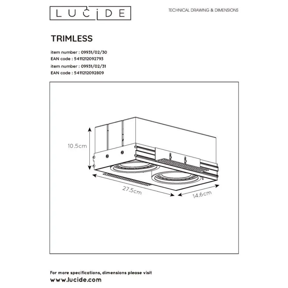 Spot Encastrable Lucide Trimless Blanc, 2 Lumieres