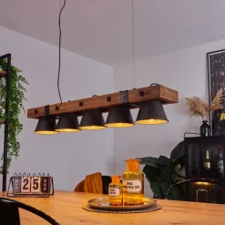 Suspension Aduard Bois Fonce, Noir, 5 Lumieres