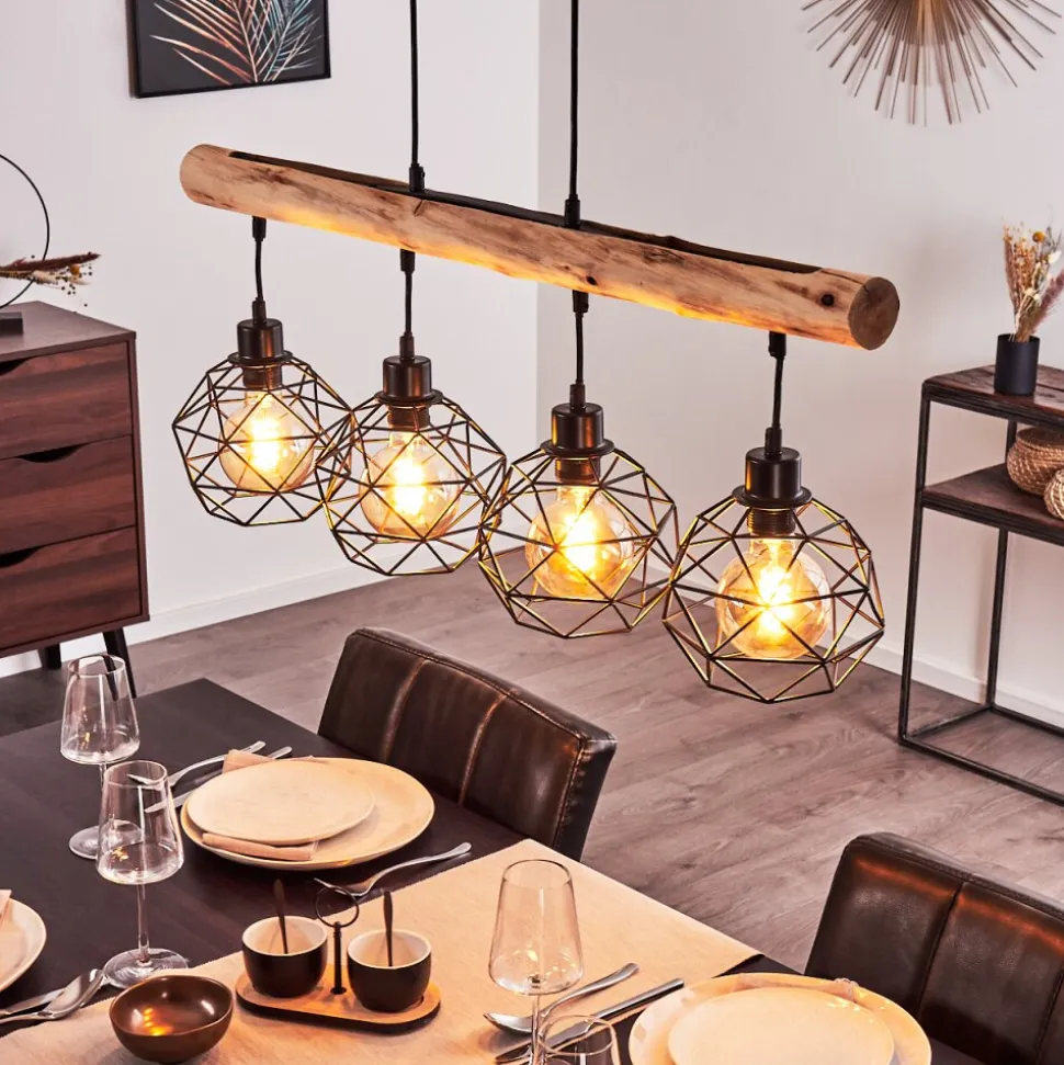 Suspension Bacabal Bois Clair, Noir, 4 Lumieres