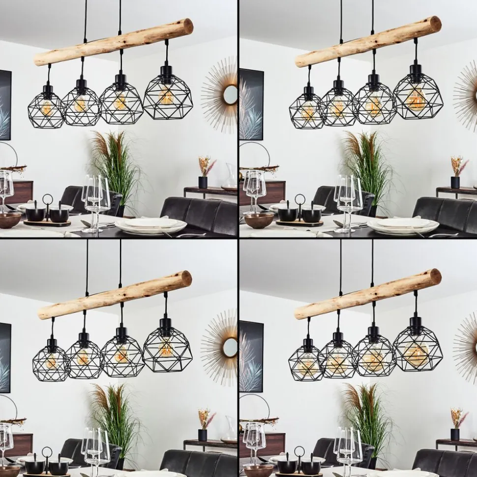 Suspension Bacabal Bois Clair, Noir, 4 Lumieres