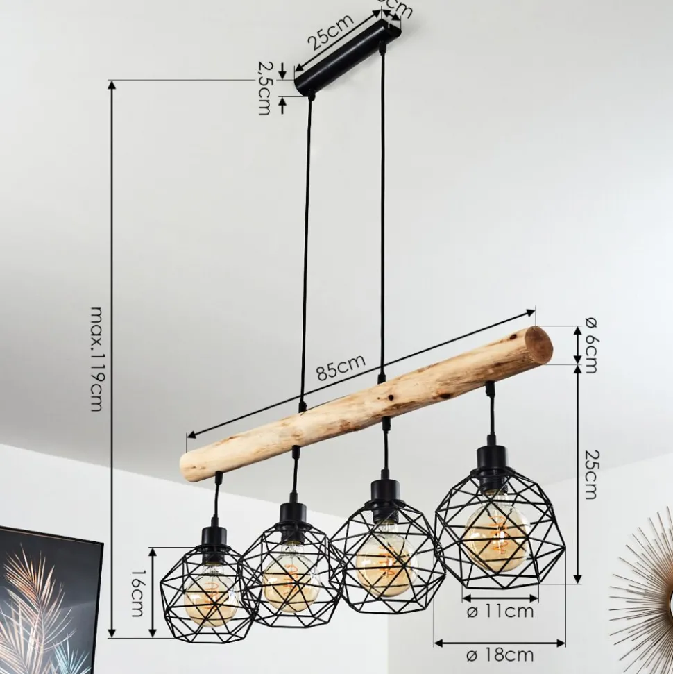 Suspension Bacabal Bois Clair, Noir, 4 Lumieres