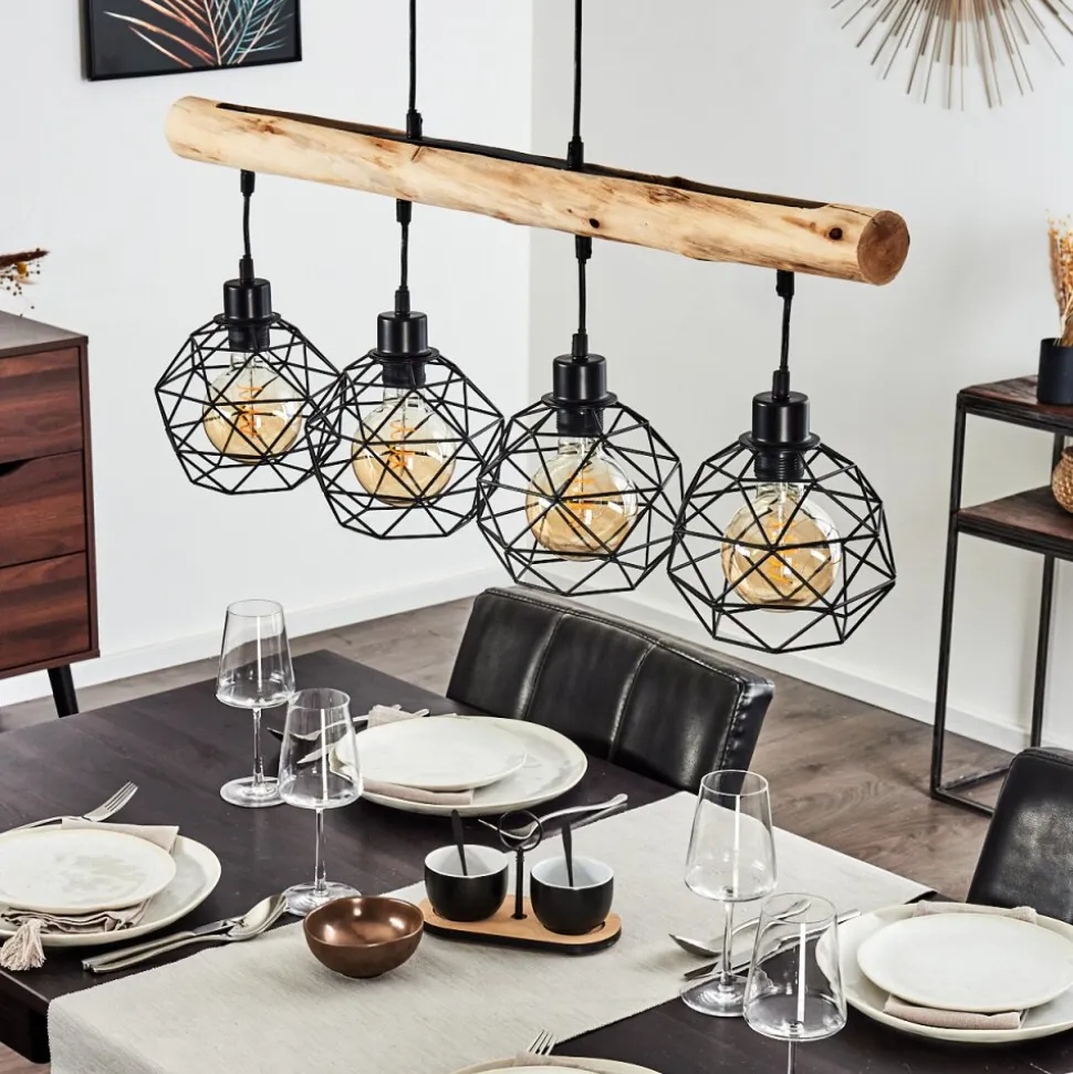 Suspension Bacabal Bois Clair, Noir, 4 Lumieres
