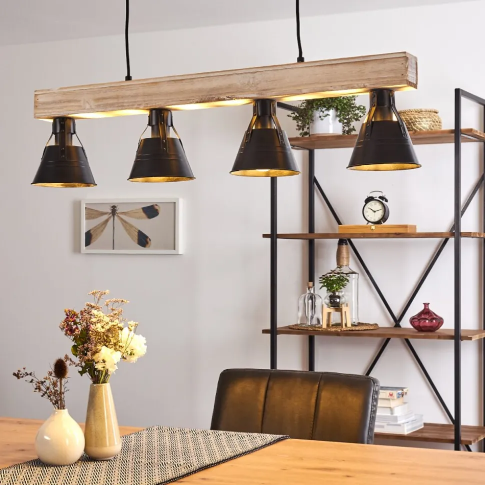 Suspension Berkeley Bois Clair, Noir, 4 Lumieres