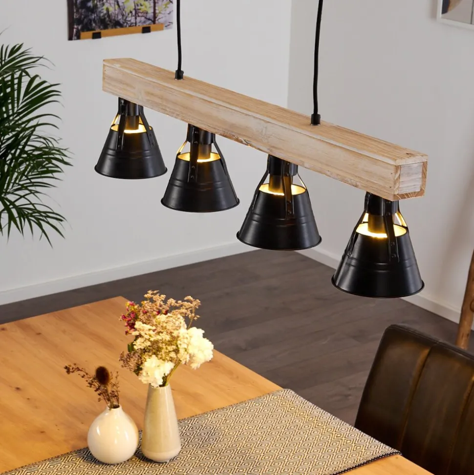 Suspension Berkeley Bois Clair, Noir, 4 Lumieres
