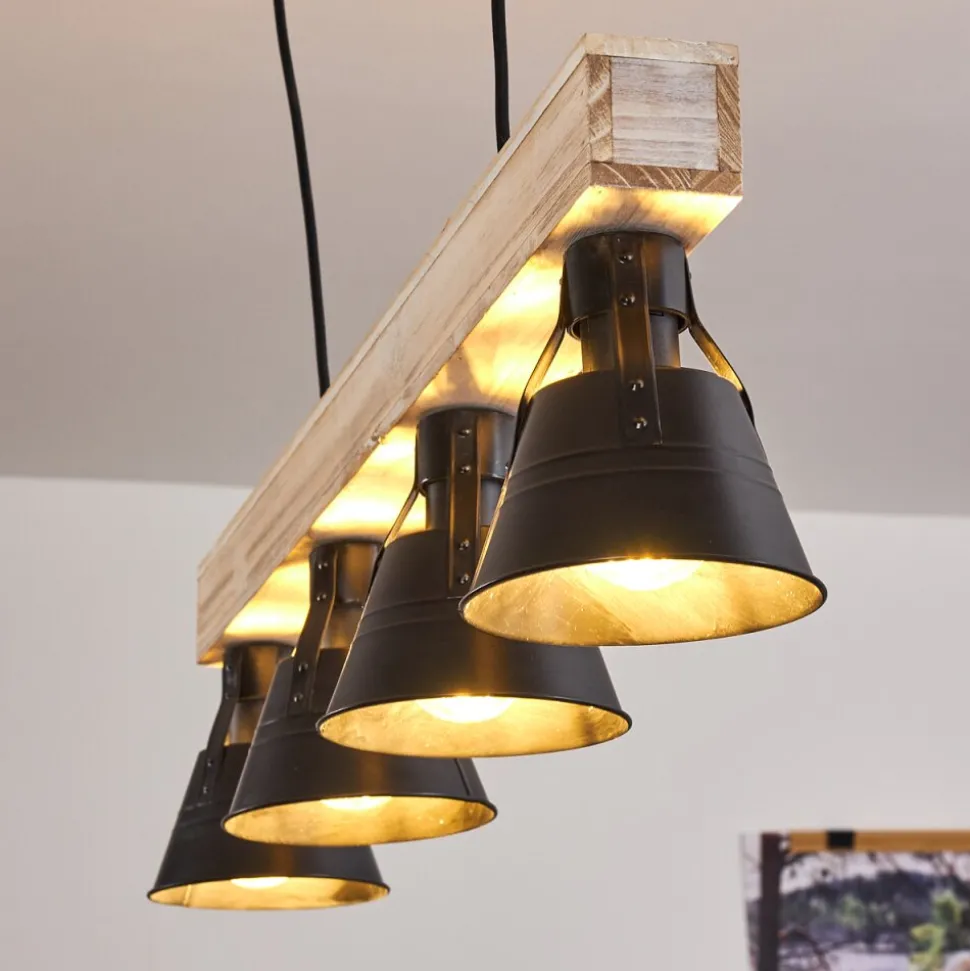 Suspension Berkeley Bois Clair, Noir, 4 Lumieres