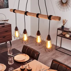 Suspension Betsele Bois Clair, Noir, 4 Lumieres