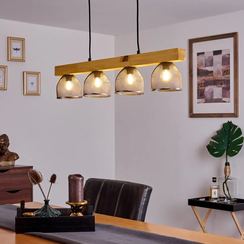 Suspension Camotes Bois Clair, Nickel Mat, 4 Lumieres