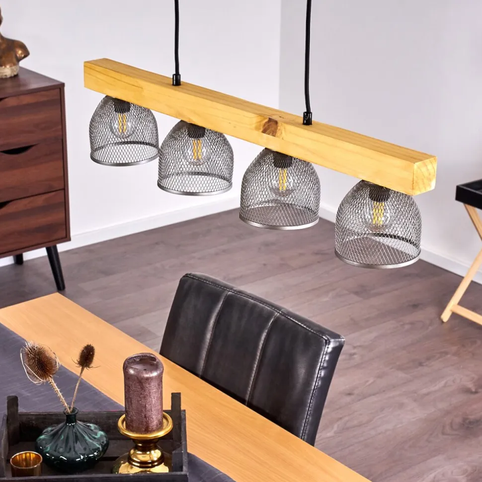 Suspension Camotes Bois Clair, Nickel Mat, 4 Lumieres