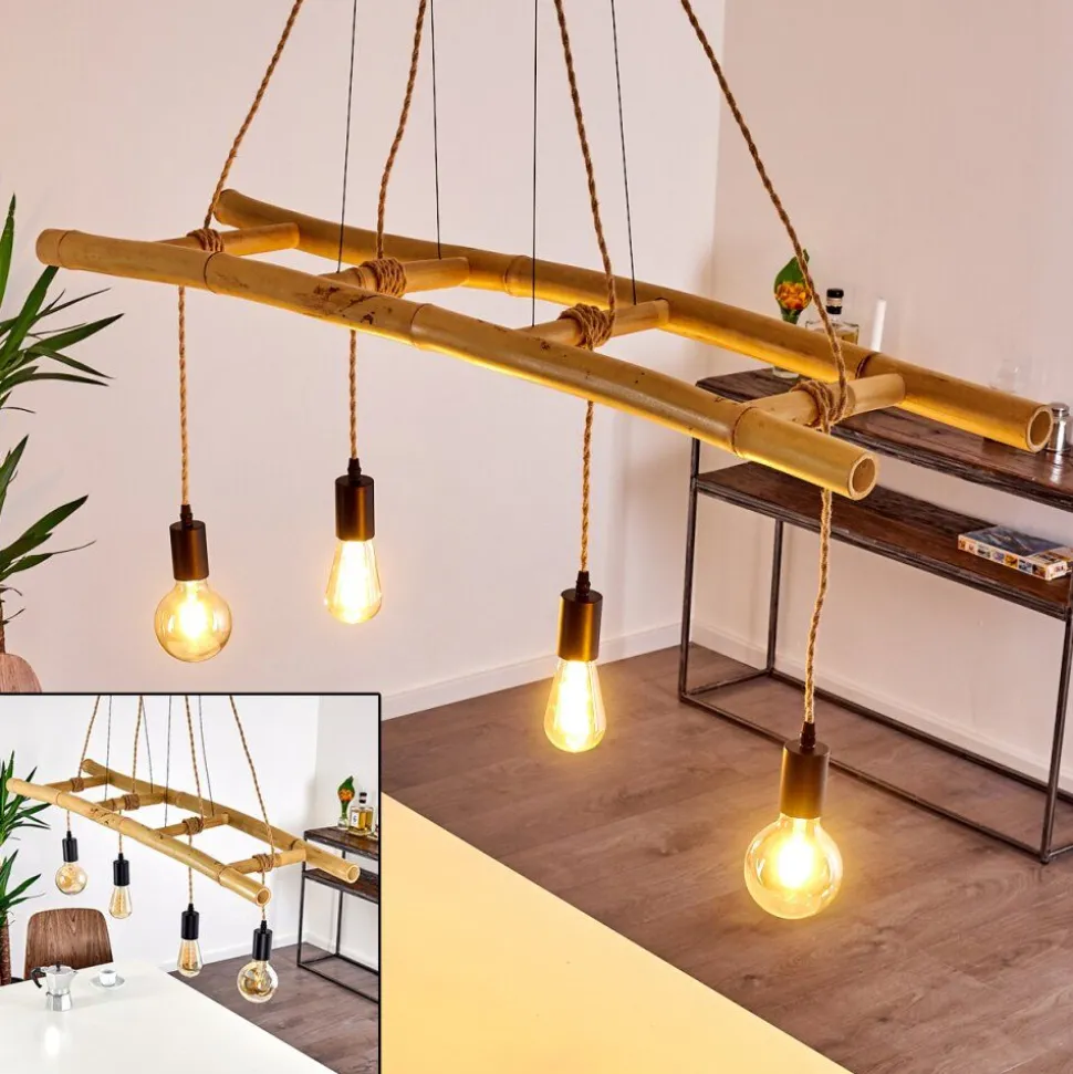 Suspension Canazei Brun, Bois Clair, Noir, 4 Lumieres