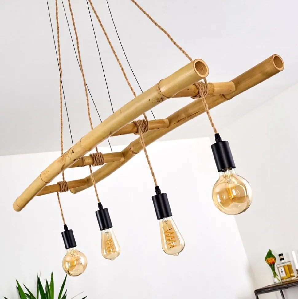Suspension Canazei Brun, Bois Clair, Noir, 4 Lumieres