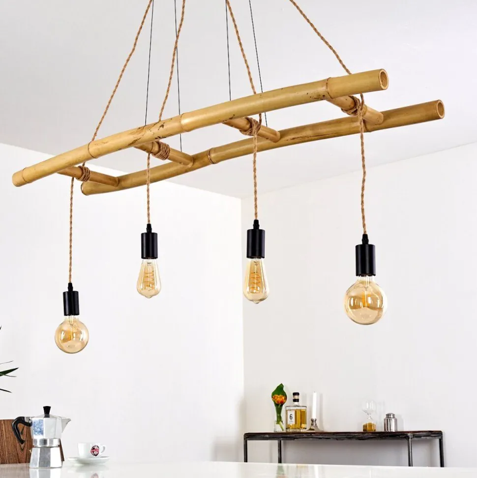 Suspension Canazei Brun, Bois Clair, Noir, 4 Lumieres