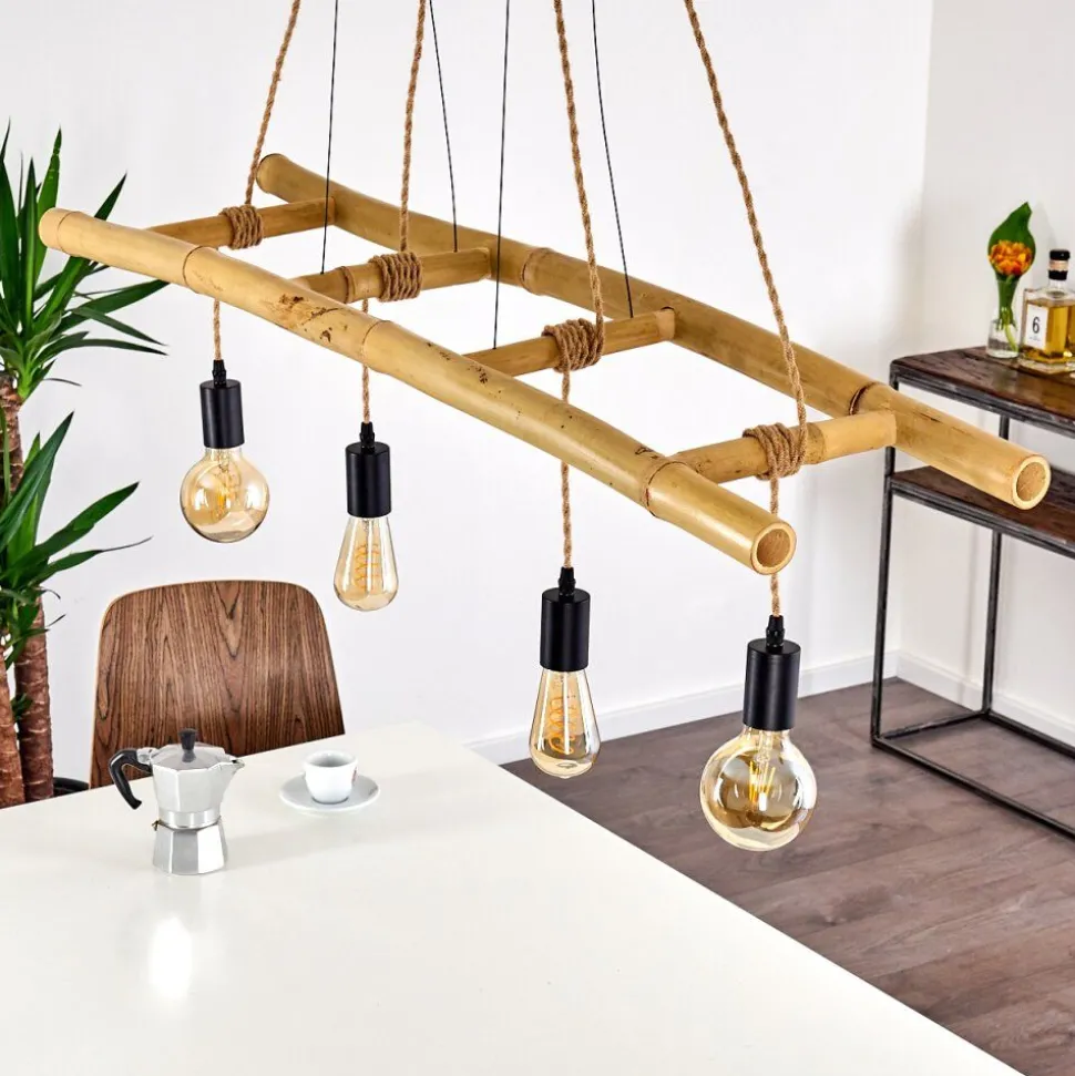 Suspension Canazei Brun, Bois Clair, Noir, 4 Lumieres