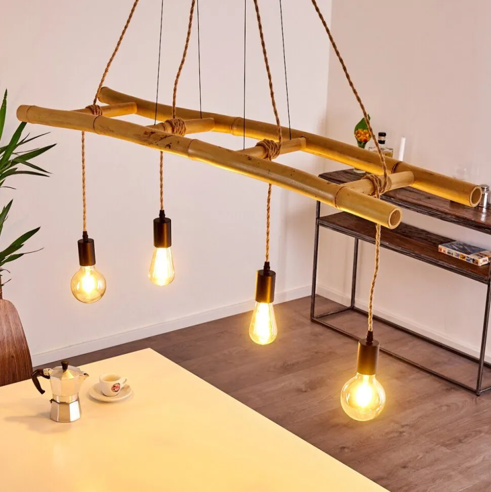 Suspension Canazei Brun, Bois Clair, Noir, 4 Lumieres