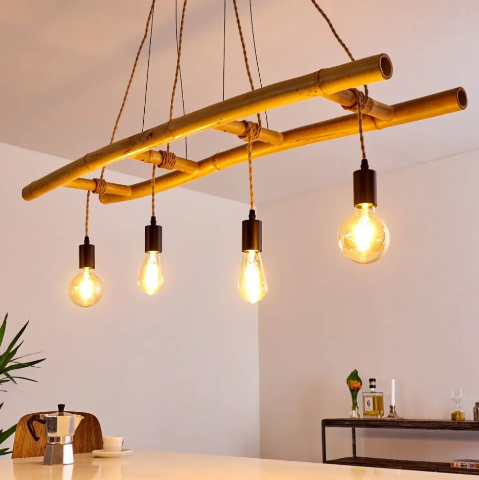 Suspension Canazei Brun, Bois Clair, Noir, 4 Lumieres