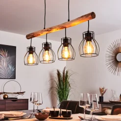 Suspension Gondo Bois Clair, Noir, 4 Lumieres