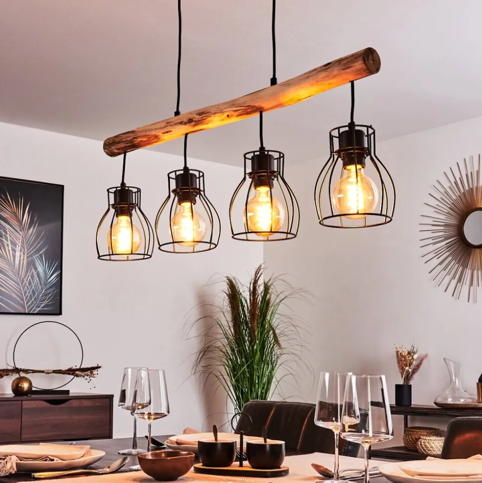 Suspension Gondo Bois Clair, Noir, 4 Lumieres