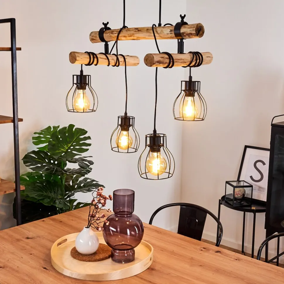 Suspension Gondo Bois Fonce, Noir, 4 Lumieres