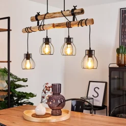 Suspension Gondo Bois Fonce, Noir, 4 Lumieres