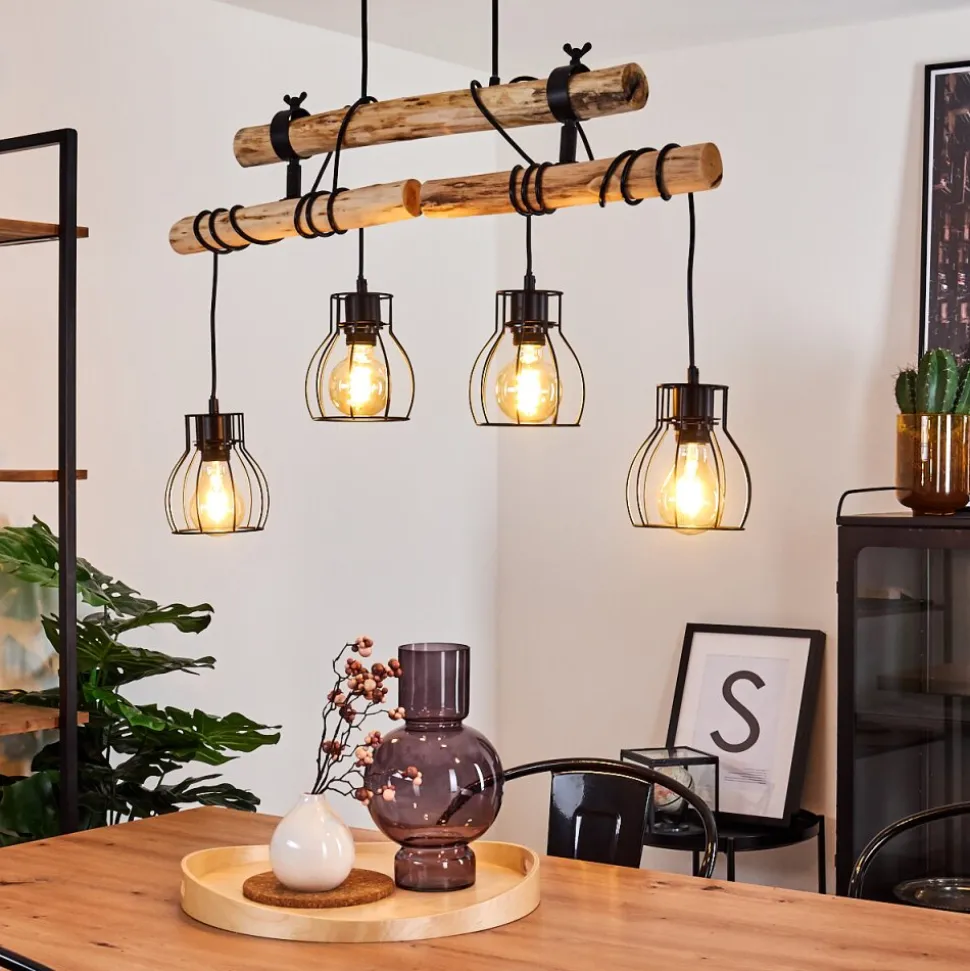 Suspension Gondo Bois Fonce, Noir, 4 Lumieres