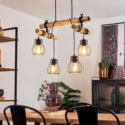 Suspension Gondo Bois Fonce, Noir, 4 Lumieres