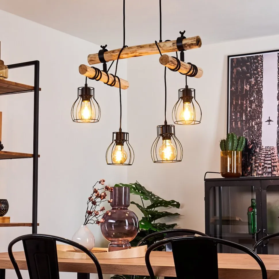 Suspension Gondo Bois Fonce, Noir, 4 Lumieres