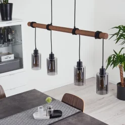 Suspension Hunouri Bois Fonce, Noir, 4 Lumieres