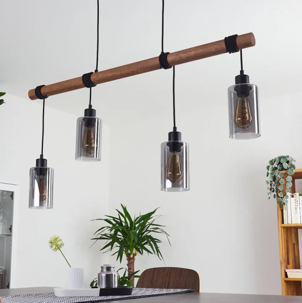 Suspension Hunouri Bois Fonce, Noir, 4 Lumieres