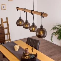 Suspension Imana Bois Clair, Noir, 4 Lumieres