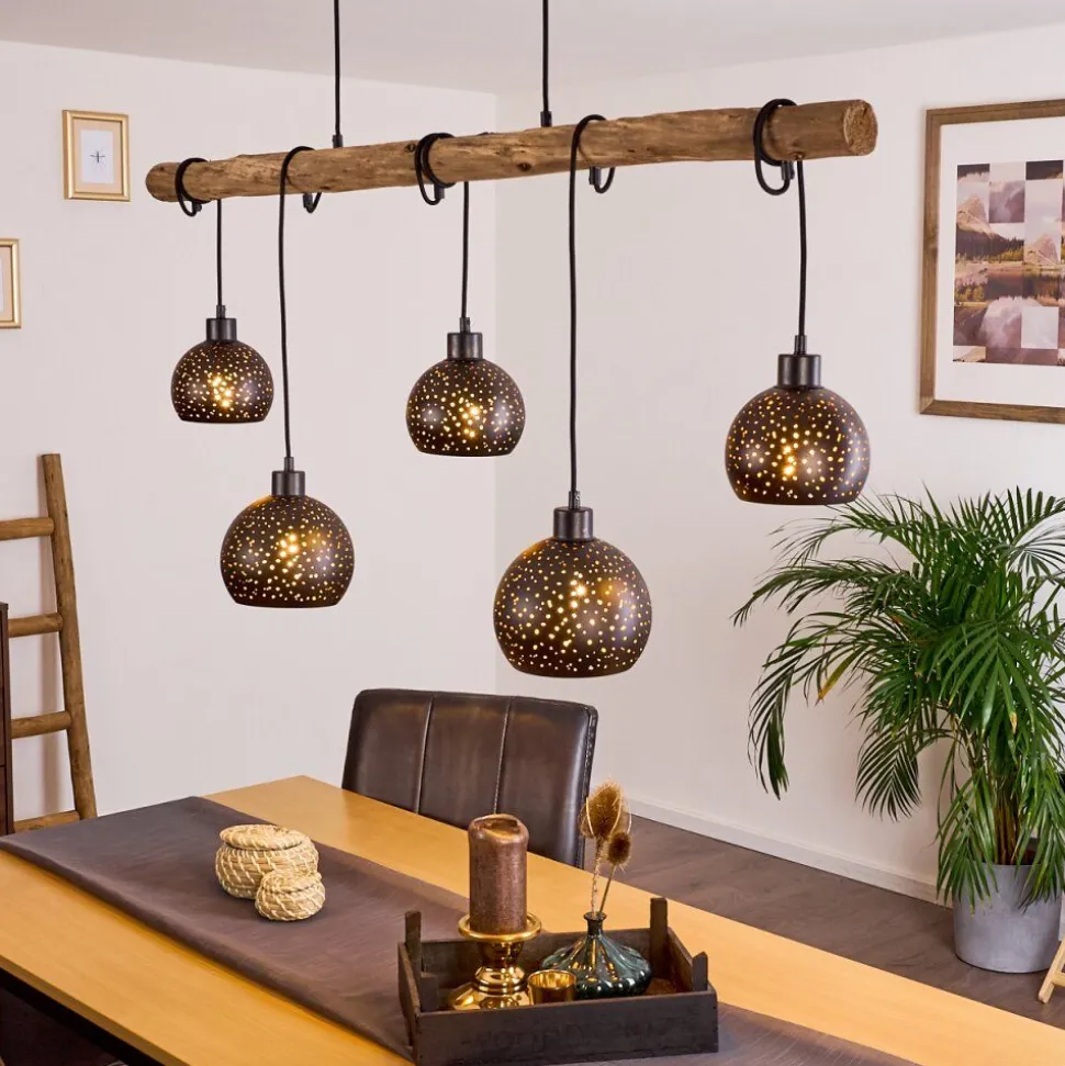 Suspension Imana Bois Clair, Noir, 5 Lumieres
