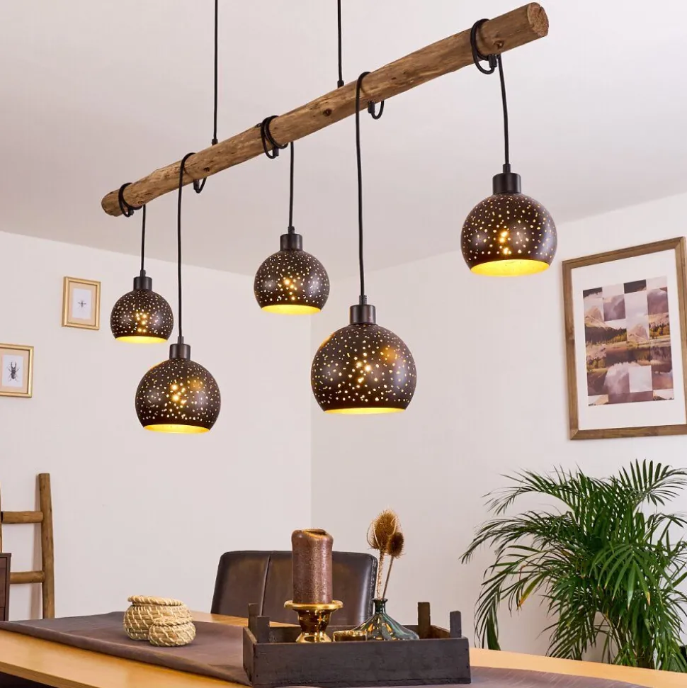 Suspension Imana Bois Clair, Noir, 5 Lumieres