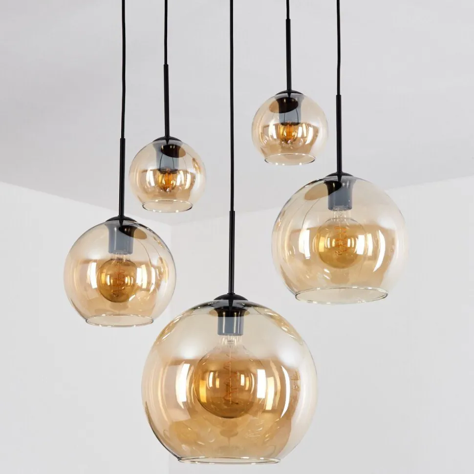 Suspension Verre 15 Cm, 20 Cm, 25 Cm, 30Cm Koyoto Ambre, 5 Lumieres