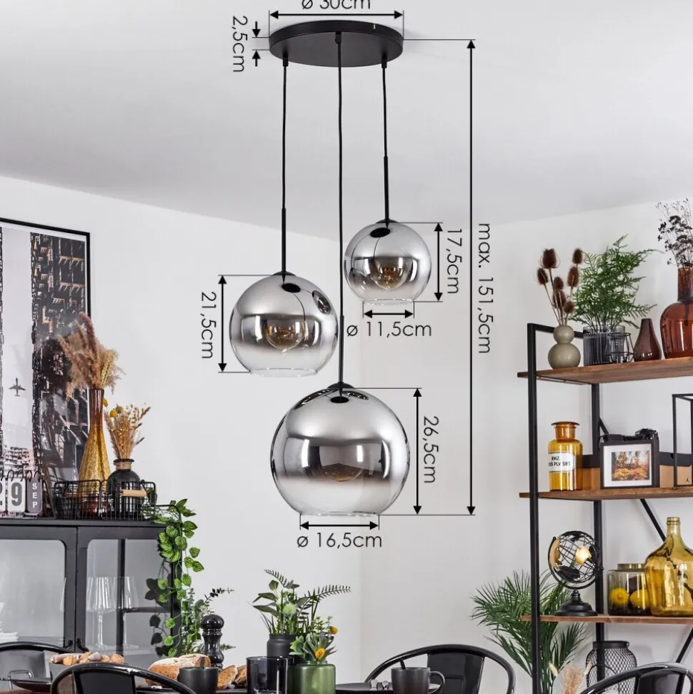 Suspension Verre 20 Cm, 25 Cm, 30Cm Koyoto Chrome, Clair, Fume, 3 Lumieres