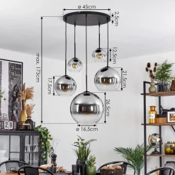 Suspension Verre 15 Cm, 20 Cm, 25 Cm, 30Cm Koyoto Clair, Fume, 5 Lumieres