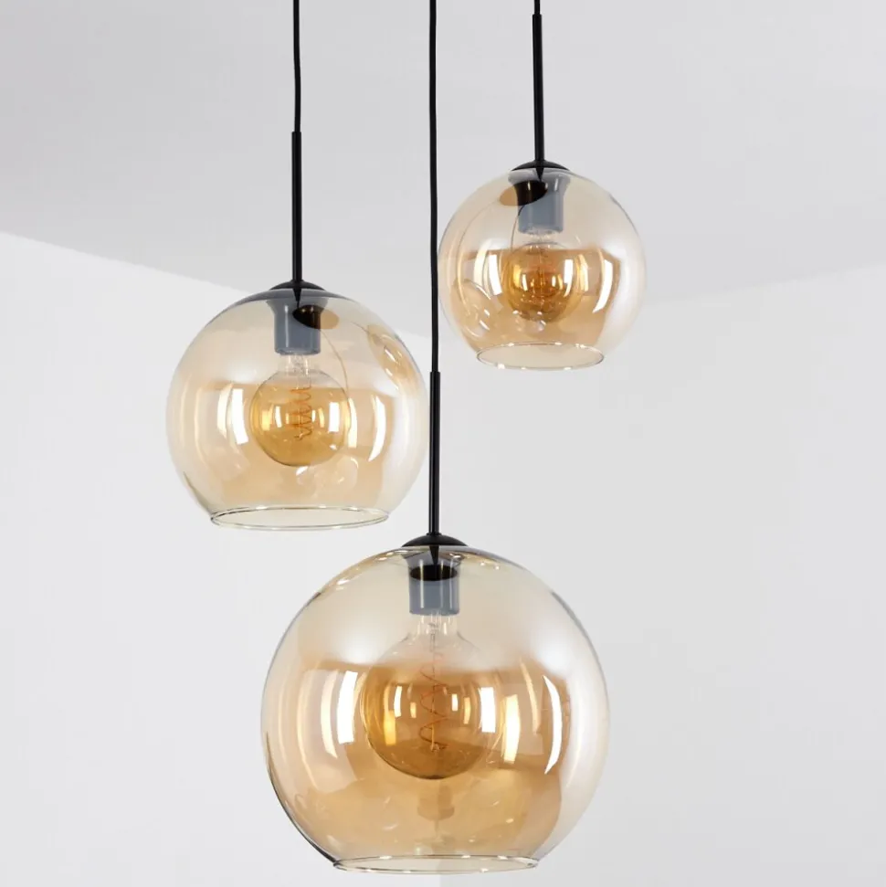 Suspension Verre 20 Cm, 25 Cm, 30Cm Koyoto Ambre, 3 Lumieres