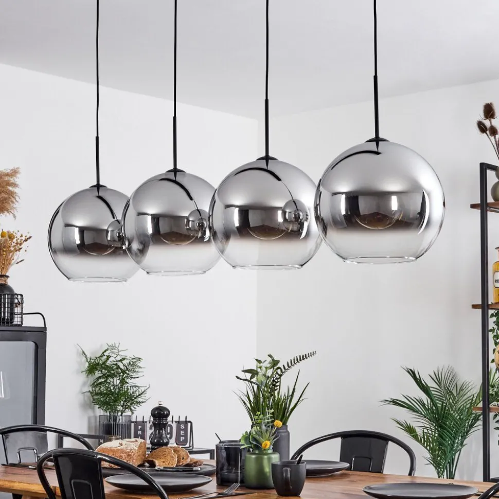 Suspension Verre 30 Cm Koyoto Chrome, Clair, Fume, 4 Lumieres
