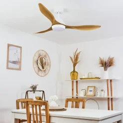 Ventilateur De Plafond Follseland Led Brun Clair, Couleur Bois, Blanc, 1 Lumiere, Telecommandes