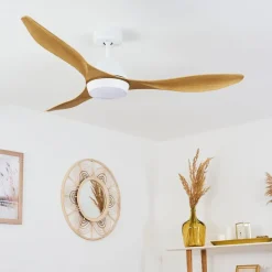 Ventilateur De Plafond Follseland Led Brun Clair, Couleur Bois, Blanc, 1 Lumiere, Telecommandes