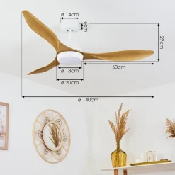 Ventilateur De Plafond Follseland Led Brun Clair, Couleur Bois, Blanc, 1 Lumiere, Telecommandes