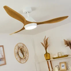 Ventilateur De Plafond Follseland Led Brun Clair, Couleur Bois, Blanc, 1 Lumiere, Telecommandes