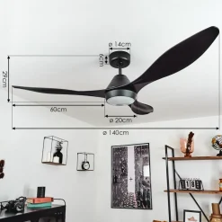 Ventilateur De Plafond Follseland Led Noir, 1 Lumiere, Telecommandes